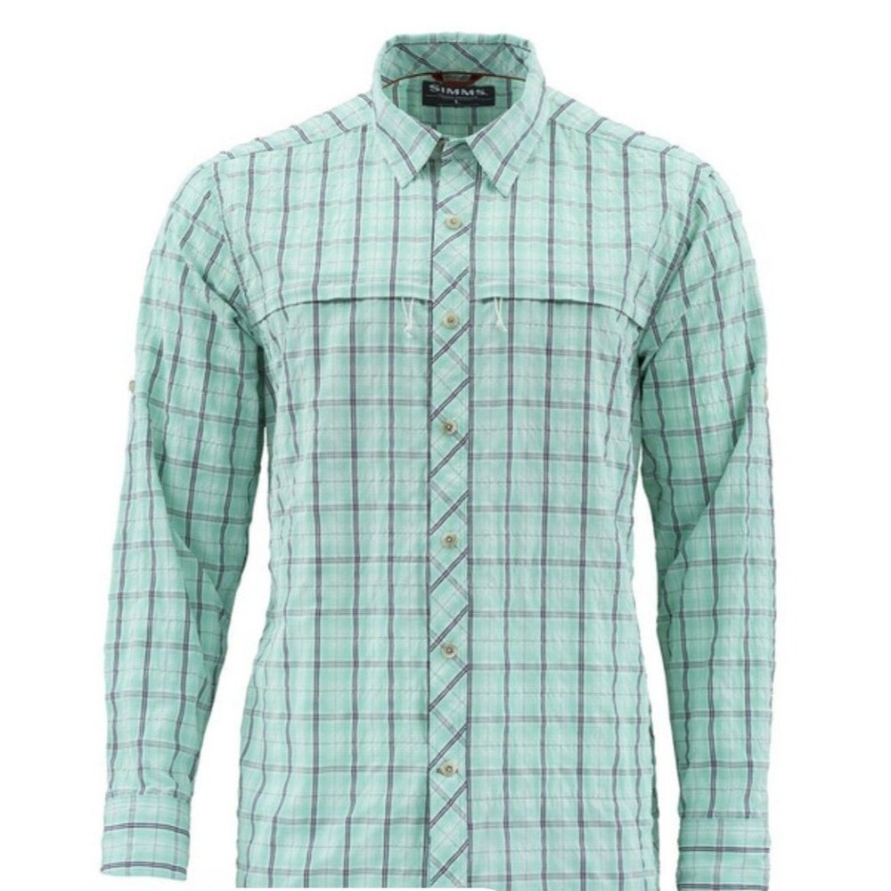 Simms Stone Cold Long Sleeve Shirt Mens Medium Celadon Plaid Performance Fishing
